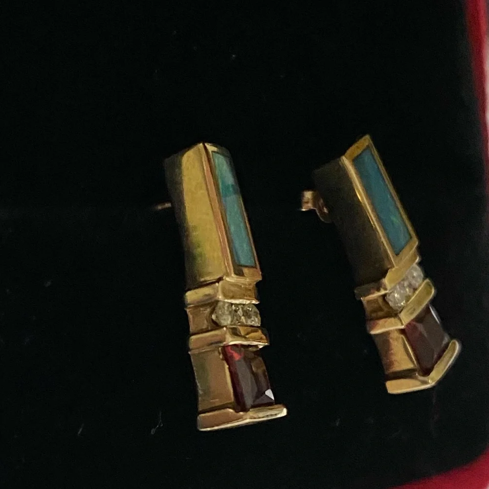 TURMALINE, INLAID OPAL & DIAMOND IN 14KT GOLD RING  & EARRINGS.  Could Be Kavana - Picture 7 of 11